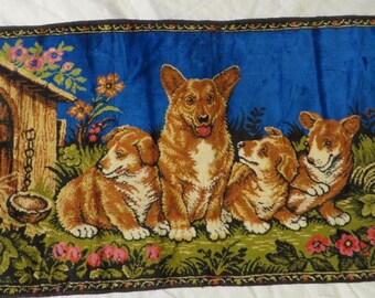 Wall Tapestry or Rug CORGI DOGS - Made in Italy - 39" Wide, 19 1/2" Tall - Rayon and Cotton Material