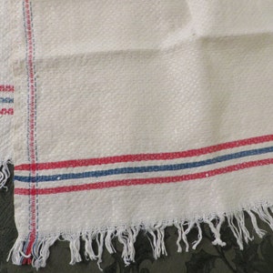 Antique/Vintage Linen - Cotton TOWEL  //  15&quot; Wide x 32&quot; Long  //  Off White, Red and Blue  //  Vintage, Primitive Kitchen Linens // Fringed