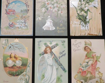 Post Cards EASTER, Antique Cards, 6  //  Postmarked 1908  //  Ships FREE  //  Easter Flowers & Chicks, Cross  //  Raised Embossed Pictures