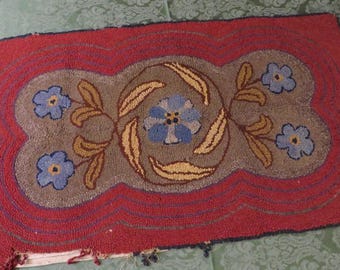 Antique RUG Punch Needle Rug, Handmade Looped Rug - 45" x 25" - Dark Rich Colors: Dark Red, Blues, Taupe, Beige - Needs Repair