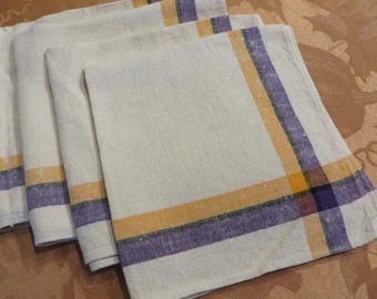 Vintage LINEN NAPKINS, Purple Orange and Ecru  13" x 12"  Dinner or Luncheon Size  -  Set of 4