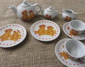 Vintage Child's Tea Set - Sweet BEARS and Hearts - Coffee/Tea Pot, 2 Plates, 2 Cups and Saucers, Creamer and Covered Sugar
