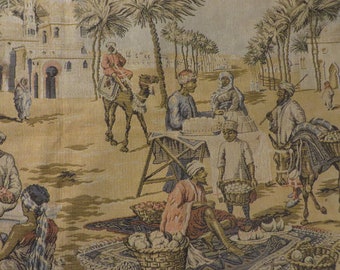 Vintage/Antique Woven Tapestry  //  Landscape, 33 1/2" wide, 24" tall  //  Middle East Scene , Merchants, Camel, Palm Trees, Donkey