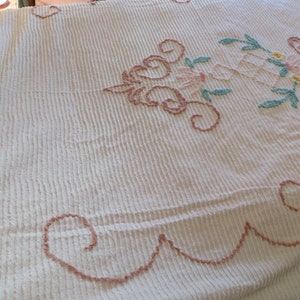 Chenille Bedspread FULL or TWIN Size, White, Mauve (brown), Yellow, Aqua, Pink  //  96&quot; Long x 96&quot; W  //  Vintage Chenille, Excellent Cond.