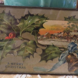 Ingelijste Duitse ansichtkaart december 1900 - KERSTbriefkaart ingelijst - dubbelzijdige glazen lijst, kersthulst, prachtige landelijke scène