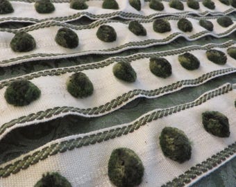 Beautiful TRIM, on Woven Cotton Band with Olive Green DOTS (Puffy Dots-Balls)  //  Trim Yardage - Sold by the Yard, 11 yds Available