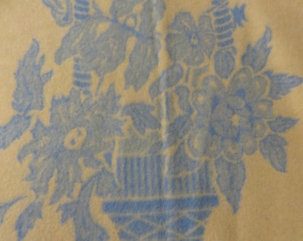 SOFT WOOL BLANKET Blue and Cream - Lovely Basket Pattern, Wide Satin Bindings  82" x 72"  New Condition