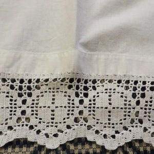 May include: Close-up of white fabric with a decorative, openwork crochet lace border. The lace features a repeating geometric pattern with scalloped edges. The fabric appears to be a light, possibly linen or cotton material.