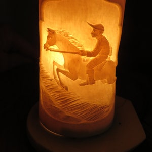Antique LAMP Carved Bone or Horn, Night Light, Small Lamp  //  Carved Galloping HORSE with English Rider  //  4 1/2&quot; Tall