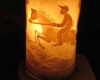 Antique Carved Bone or Horn LAMP, Night Light, Small Lamp  //  Carved Galloping HORSE with English Rider  //  4 1/2" Tall