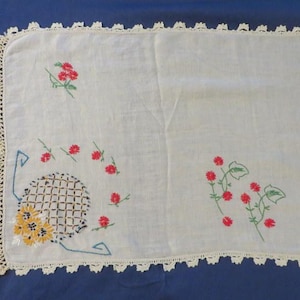 Vintage MANTLE SCARF, Dresser Scarf, or Runner - Hand Crocheted Lace Edging and Ends - 56" Long, 17" Wide - Lovely Embroidery