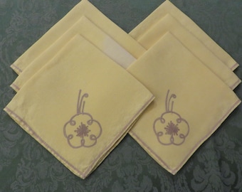 Napkins LINEN Gold and Taupe  //  Set of 6 Napkins  //  Vintage Yellow Gold Table Linens  //  Braided Trim on Edges, Corners  //  15 1/2" sq