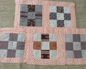 Antique QUILT BLOCKS, Nine Patch Pattern - Pink and Browns, All Cotton - Early 1900s Fabrics - Hand Pieced