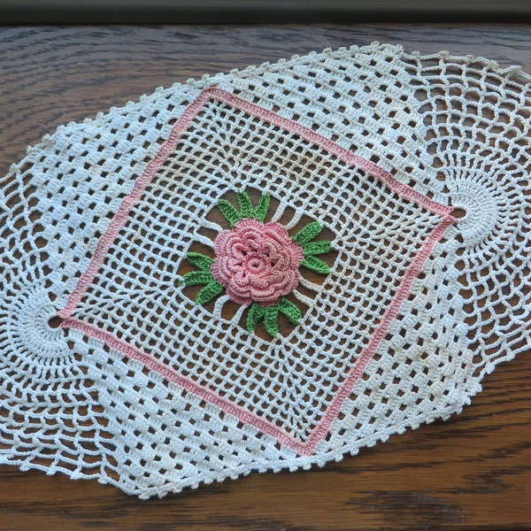 Unique CROCHETED DOILY with PINK Rose  //  Oval Shape, 21" long by 11" wide  //  Off White, Pink, and Green  //  Handmade Vintage Doily