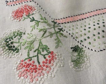 Beautiful LINEN Table Runner - Embroidered Flowers in Pinks, Greens - Hemstitched Linen - Lots of French Knots - 15 1/2" Wide, 43" Long