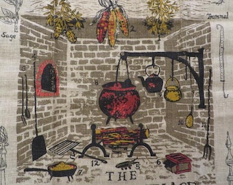 Linen Towel "The COLONIAL FIREPLACE" - Linen Kitchen Towel - Tan, Black, Dark Reds, Gold, Khaki, Orange - 30" x 17 1/2" (nos)