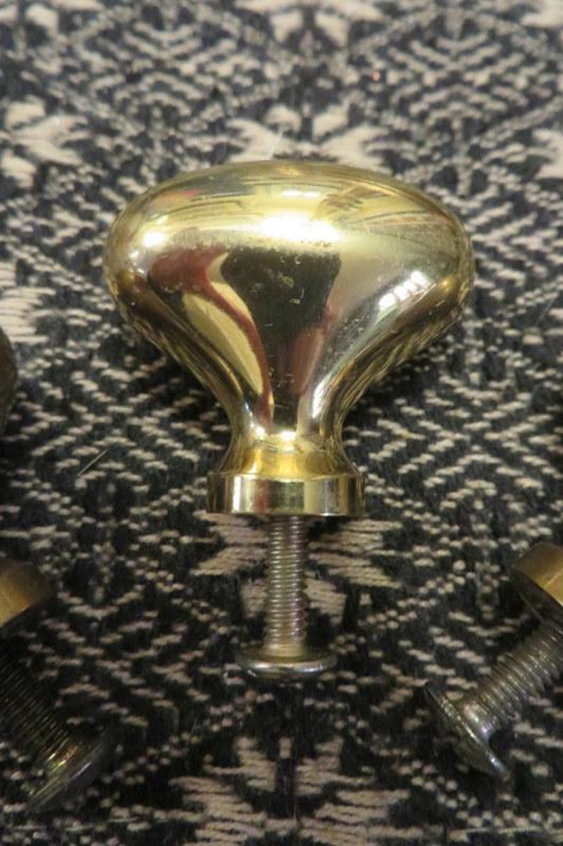 May include: A polished brass cabinet knob with an oval-shaped head and a smooth, reflective surface. The knob features a central threaded metal bolt extending from the base, designed for attachment to furniture or cabinetry doors.