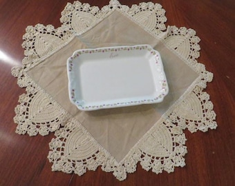 Antique Raw LINEN DOILY w/ Wide Crocheted Lace Edging - 19 3/4" x 19 1/2" - Lovely and Rare, a Unique piece