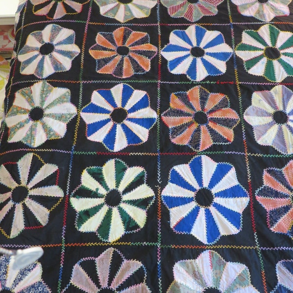 Quilt TOP Hand Appliqued Dresden Plate Pattern  //  Black, with Many Accenting Colors  //  Nice Piece of Fiber Art  //  Unique Quilt Top