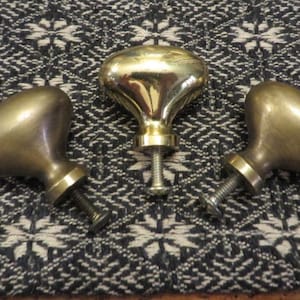 May include: Three brass cabinet knobs with a smooth, rounded, egg-shaped head and a short, cylindrical base. Each knob features a threaded metal screw extending from the bottom, designed for attachment to furniture or cabinetry doors.