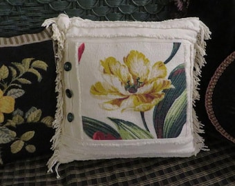 Handmade Barkcloth and Chenille Pillow – YELLOW TULIP in the center, Green, White - 3 Green buttons down the side