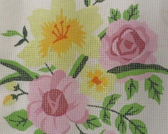 Needlepoint CANVAS - Roses and Daffodils - Measures 12" x 11 1/2" Stitched Area is 9 inches Square - Vintage  Needlepoint Canvas