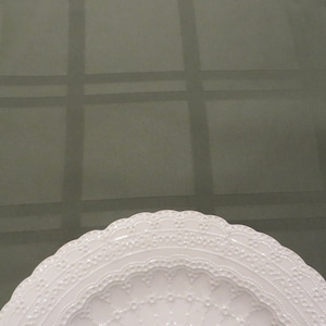 May include: A white ceramic plate with a decorative lace-like border. The plate is sitting on a green surface.