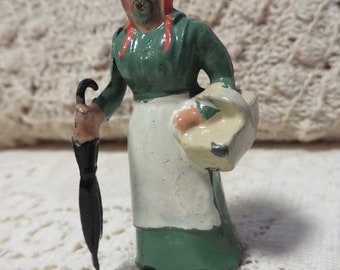 Miniature Lady Movable Right Arm with Basket, Umbrella  //  Made in England  //  Antique Miniature Cast Iron Person Wearing Bonnet, Apron