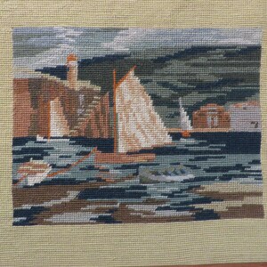 SAILBOATS, NEEDLEPOINT, Framed Vintage  18&quot; x 15&quot;  //  Sailing on the Ocean, Rocky Coastline  //  Hand Stitched Wool Needlepoint