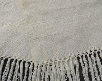 Vintage Table Runner or Dresser Scarf, Thick Woven Cotton, Fringed Ends  //  33" Long x 12 3/8" Wide  //  Vintage White Runner