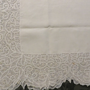 Vintage Linen & Lace Tablecloth, WIDE LACE Edging  //  Square  57" x 56"  //  Edging Lace 8" Wide  //  Tape Lace, knotted Lace, Heirloom