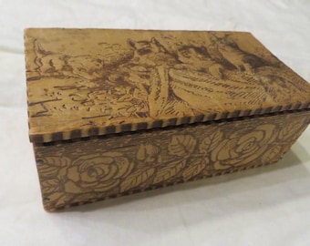 Antique Wood BOX, Embossed CATS and ROSES - Early 1900's Box - Hinged Lid - Wooden Box - Note telling It's History