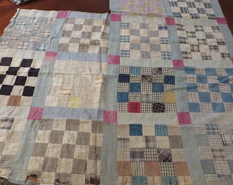 Antique, Old Quilt Top Portion - Old Faded Cottons for Repurposing, Upcycling, Quilt Repair - Plaids, Ginghams, Shirtings   1 3/4" Squares
