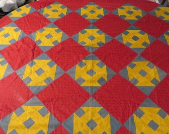 Antique QUILT TOP - Early 1900s, Possibly Late 1800's Cottons - Monkey Wrench, or Hold in the Barn Door Pattern - Red, Green, and Cheddar