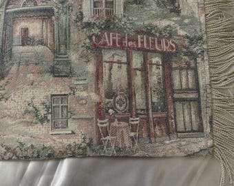 French Cafe's TAPESTRY, Piano Scarf, Table Cover (Lined)  Tasseled Ends  70"  x 54" - Muted Tones of Greens, Tans, Reds, Beiges