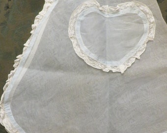 Vintage Half Apron in a Sheer Light Blue with White Lace Ruffle Accents  //  Heart Pocket,  Scalloped Hemline  //  50's Fashion