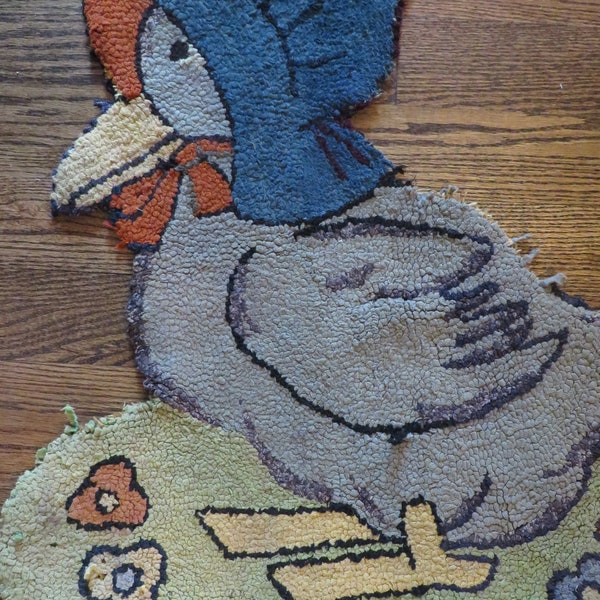 Antique Hooked Rug,  Homemade Rug  //  Mother Goose  //  Antique rug, handmade  //  American Folk Art Design Rug  //  About 25" x 25"