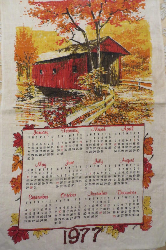 【東ドイツ 古いカレンダー】ヴィンテージ Vintage, LINEN Tea Towel, COVERED BRIDGE - 1977 Calendar Towel