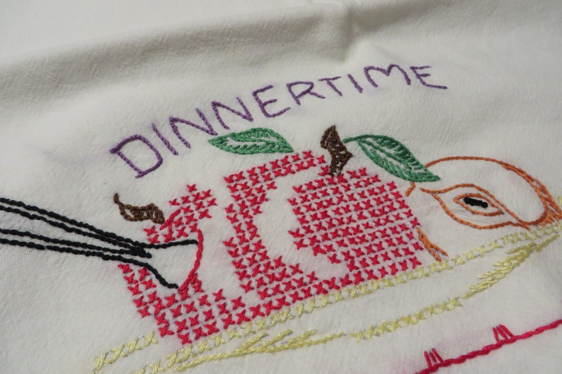 Large Kitchen Towel Cotton with Hand embroidery DINNERTIME Red Green Yellow and Black Embroidery with Red Edging