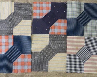 Quilt Blocks BOW TIE -  Antique Cotton Fabrics - Vintage Quilt Blocks - Group of 6 Blocks - A few Indigos, Shirtings, Black Printed Cottons