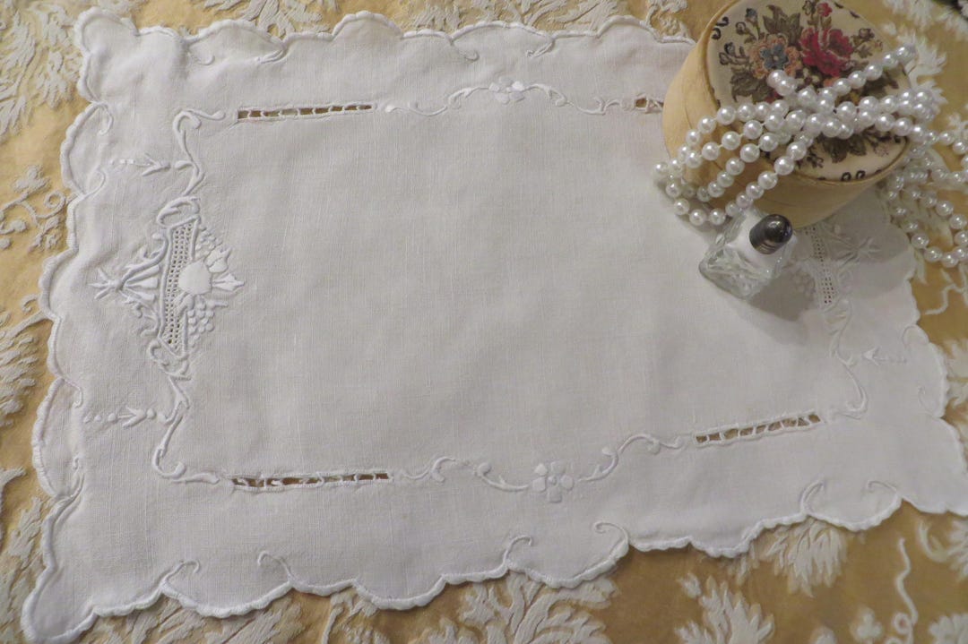 Table Mat, Dresser Doily, Dresser Scarf, Placemat in White LINEN With ...