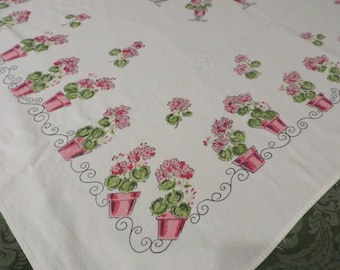 Tablecloth Vintage, Potted GERANIUMS - " Wide - Flower Garden with Geraniums, Ivy, Sun Flowers, More - Trellis/Lattice