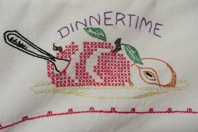 Large Kitchen Towel Cotton with Hand embroidery DINNERTIME Red Green Yellow and Black Embroidery with Red Edging