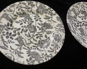 Vintage Black Transferware Plates - Churchill England - Salad Size 8 1/8" Diameter - Vintage Transferware - Group of TWO