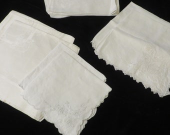 Napkins Misc GROUP of 9 Damask WHITE Napkins - See All PHOTOS  //  Fabric Napkins, Damask, Tone-On-Tone, Some Lace