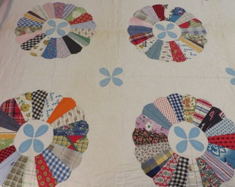 Vintage DRESEDEN PLATE QUILT  //  Large Size 92" x 76"  //  Hand Appliqued and Hand Quilted  //   Turquoise, & Multi Colors