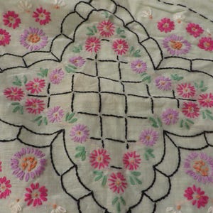 Small PILLOW COVER, Hand Embroidered  //  Light Green Cotton, Embroidery in Black and Multi Colored Flowers  13 1/2&quot; x 10 1/2&quot;  //  Cottage