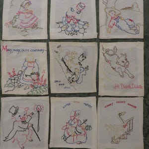 Vintage Embroidered Quilt Blocks Set of 9 - NURSERY RHYMES  //  Hand Embroidered //   Muslin Cotton  //  About 7 1/2&quot; x 6 1/2&quot;