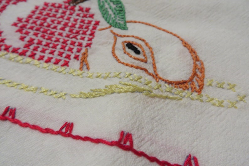 Large Kitchen Towel Cotton with Hand embroidery DINNERTIME Red Green Yellow and Black Embroidery with Red Edging