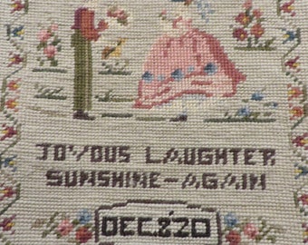 Hand Stitched Wool Needlepoint "Joyous Laughter - Sunshine Again"  Dated Dec. 8, 1920  //  Features Victorian Man & Woman  //  10 1/2" x 13"